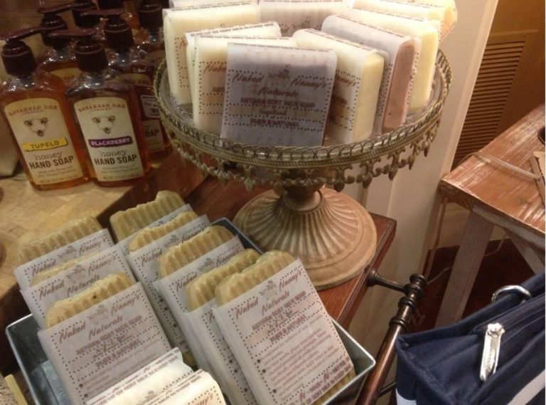 Display of Hilton Head Soap Co. handmade artisan soaps and Savannah Bee Company honey hand soaps